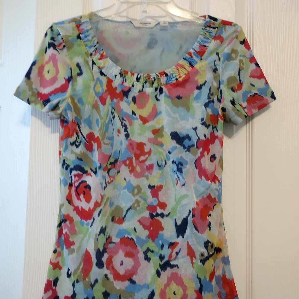 LIZ CLAIBORNE M ABSTRACT FLORAL CONTRASTING SCOOP NECK TOP